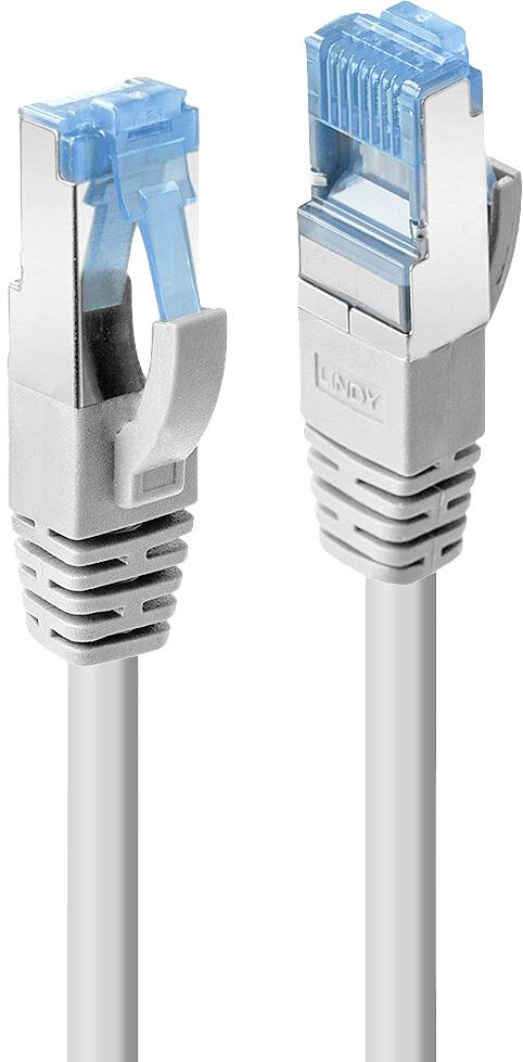 Deux câbles Ethernet gris avec des connecteurs bleus sur un fond blanc.