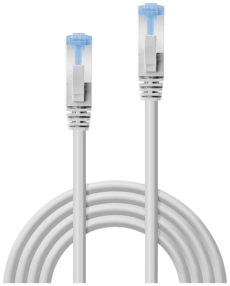 Deux câbles Ethernet gris avec des connecteurs bleus sont disposés parallèlement côte à côte, leurs extrémités étant orientées vers le haut.