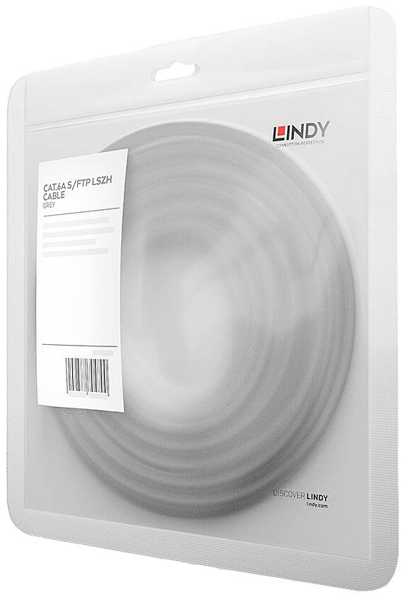 Câble réseau gris dans un emballage étiqueté 'CAT.6A S/STP LSZH CABLE GREY' de Lindy.