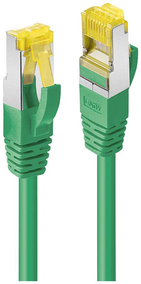 Deux câbles Ethernet verts avec des connecteurs jaunes en gros plan. À gauche, le connecteur est orienté vers l'avant, à droite, le connecteur est inversé.