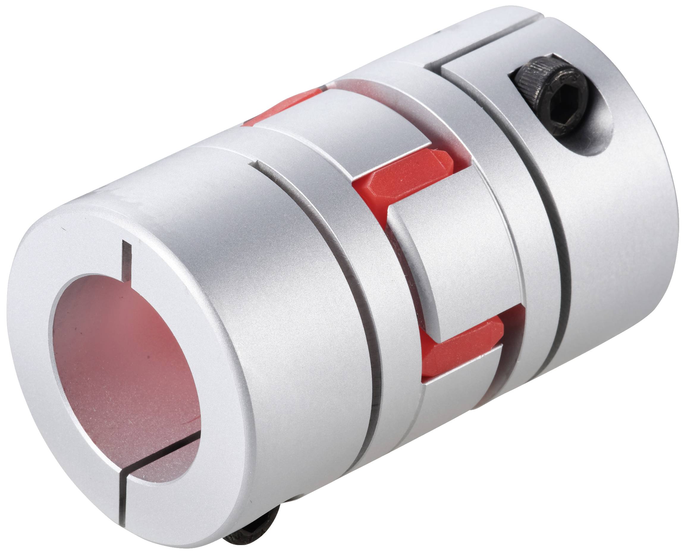 Accouplement métallique avec insert rouge, forme cylindrique, vis latérale ; utilisé pour la connexion d'arbres et de moteurs.