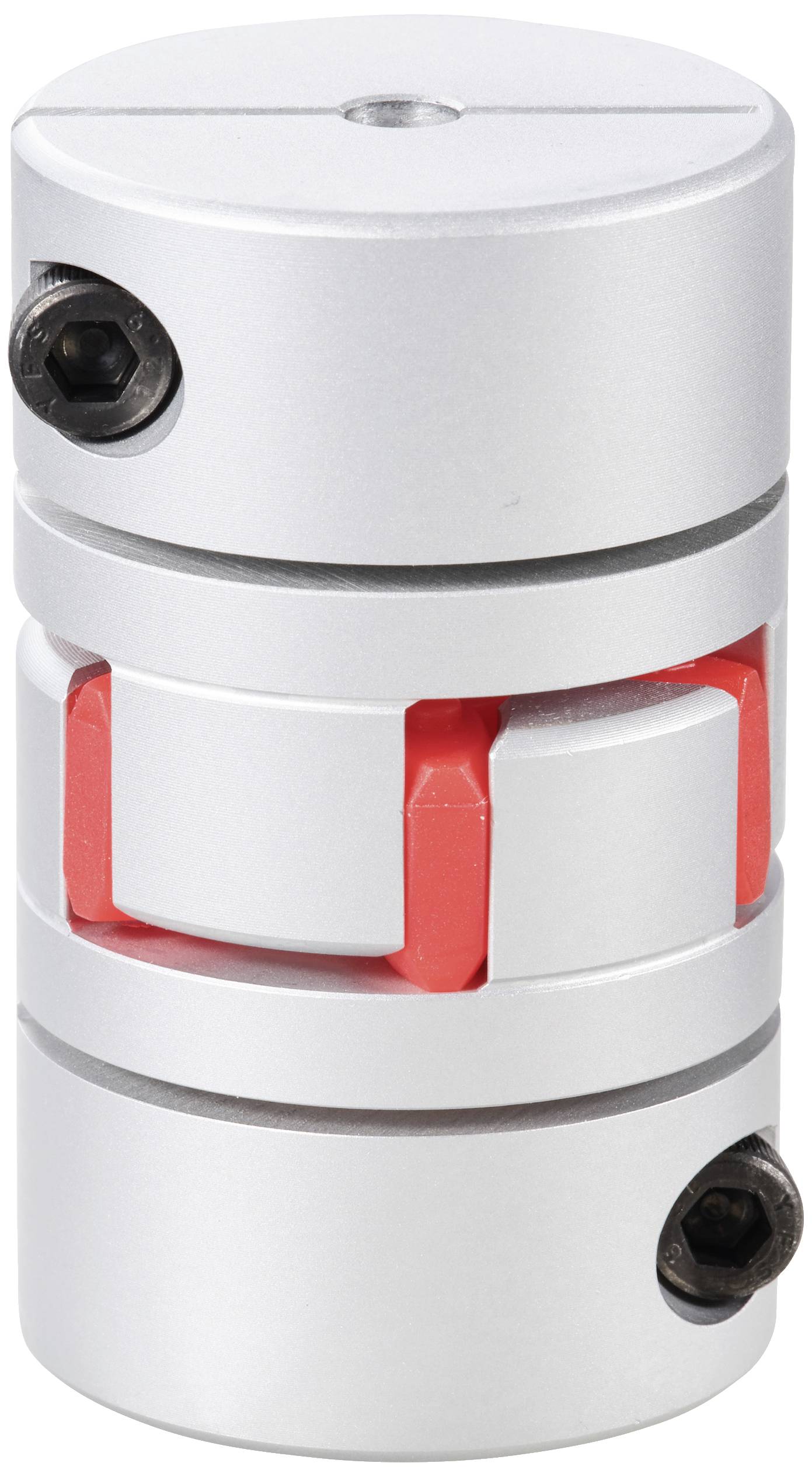Connecteur de couplage métallique avec élément intermédiaire rouge, deux vis sur les côtés, utilisé pour relier des arbres de rotation.