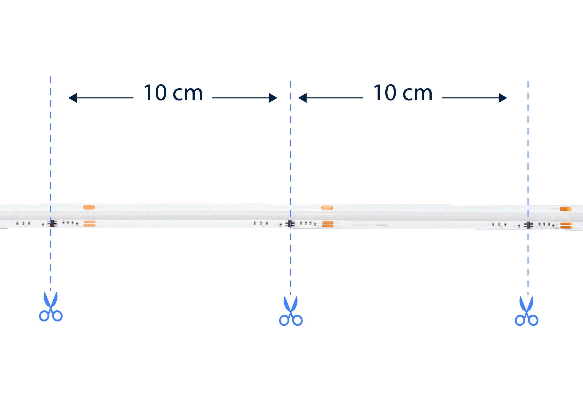 Bande LED avec des repères indiquant qu'elle peut être coupée tous les 10 cm pour être ajustée à la longueur souhaitée.