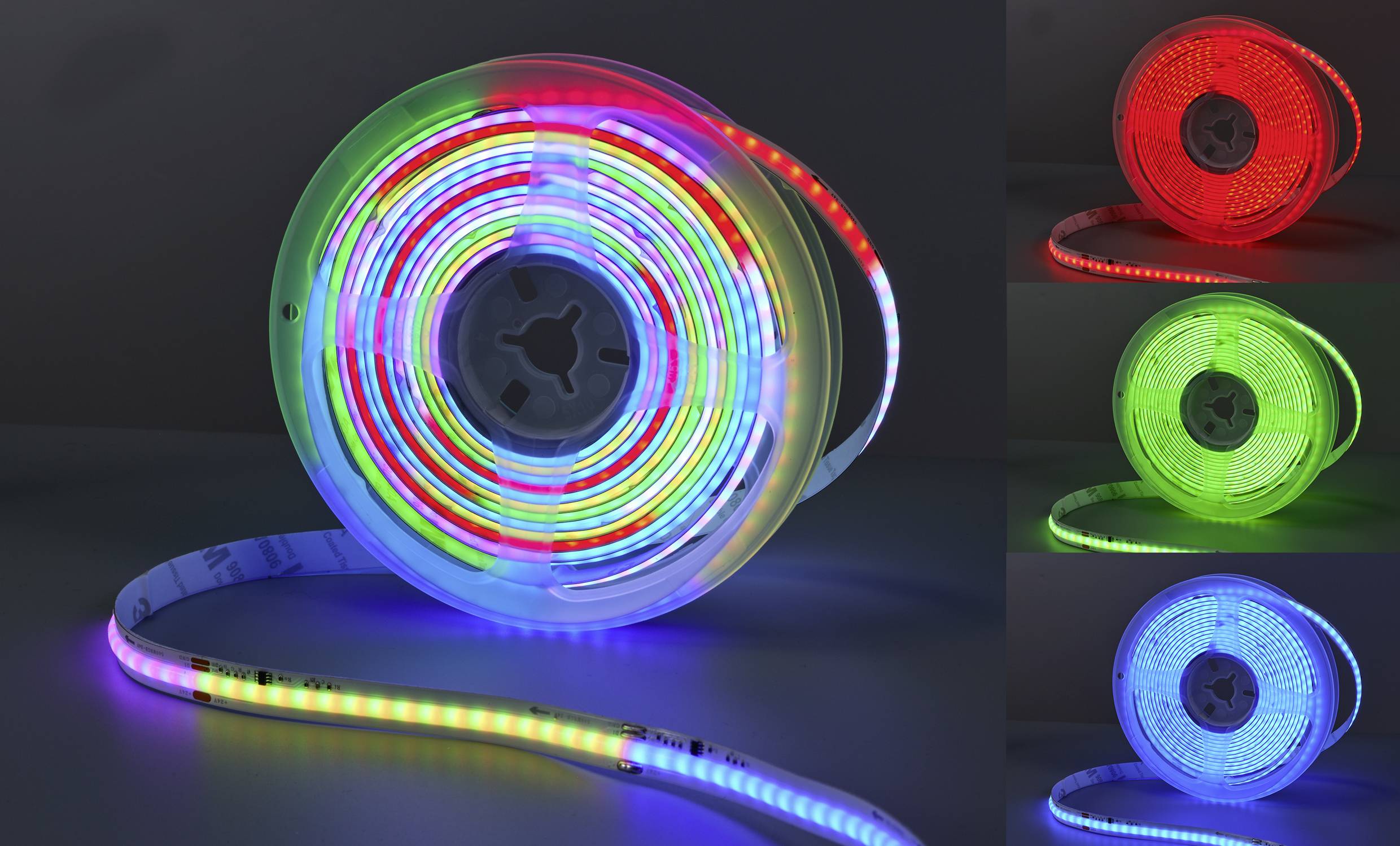 Bande LED lumineuse dans différentes couleurs : rouge, vert, bleu. L'image principale montre toutes les couleurs enroulées en spirale.