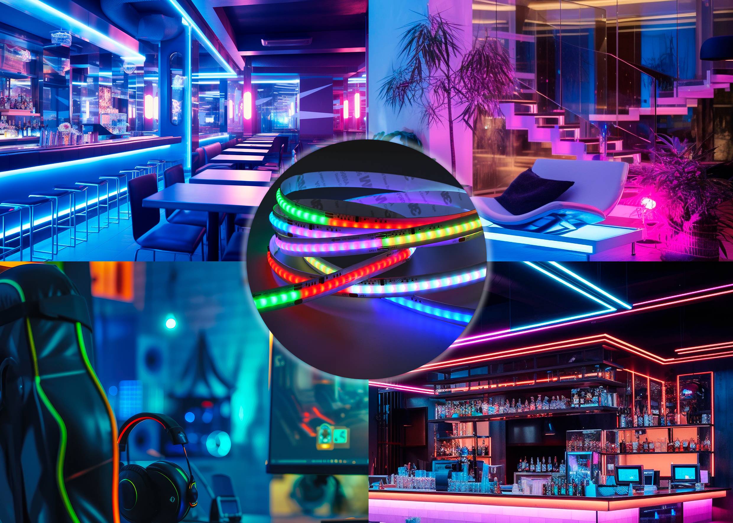 Un intérieur coloré illuminé par des bandes de diodes électroluminescentes dans différentes couleurs, créant une ambiance moderne et dynamique.