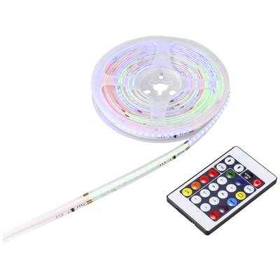 Rouleau avec bande lumineuse LED et télécommande. La télécommande possède des boutons colorés permettant de contrôler les couleurs et les motifs lumineux.