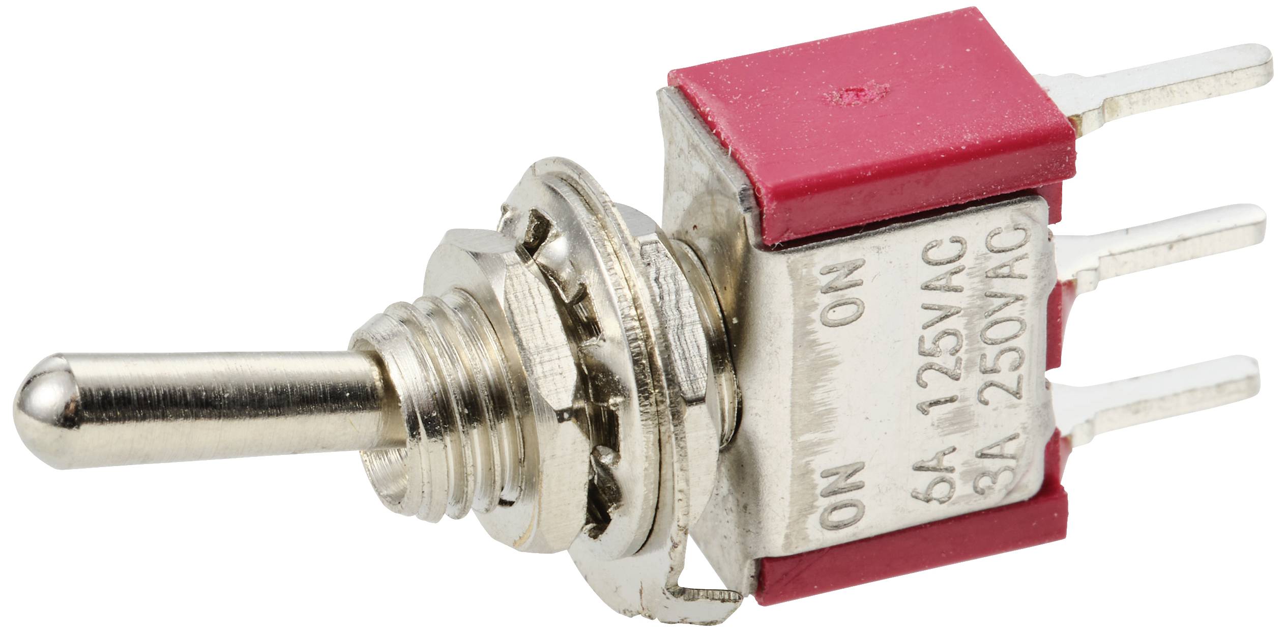 Interrupteur à bascule avec levier métallique et trois broches de connexion ; couvercle de boîtier rouge ; avec les inscriptions '6A 125VAC' et '3A 250VAC'.