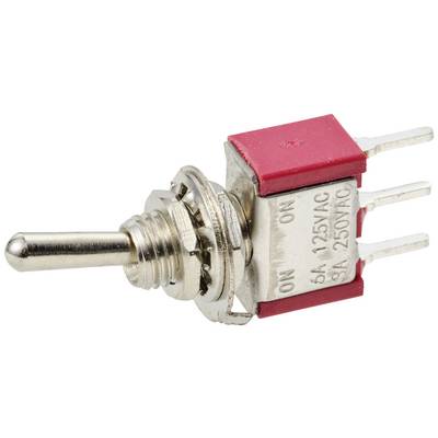 Interrupteur à bascule avec levier métallique et trois broches de connexion ; couvercle de boîtier rouge ; avec les inscriptions '6A 125VAC' et '3A 250VAC'.