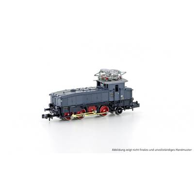 Modèle d'une locomotive électrique historique de couleur grise avec des roues rouges sur fond blanc. Texte en bas : « L'illustration montre un prototype manuel non définitif et incomplet ».