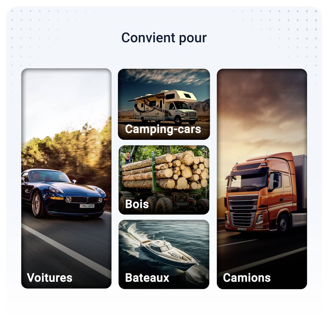 Aperçu « Adapté pour » avec des vignettes d'images pour les voitures, camping-cars, bois, bateaux et camions ; affiche les domaines d'application possibles.