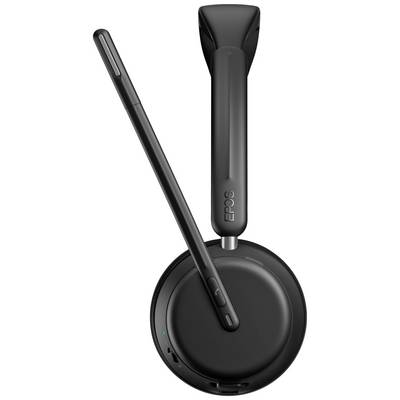 Un casque noir avec perche micro et écouteurs, vue de côté. Le microphone est rabattable et le design est moderne et épuré.