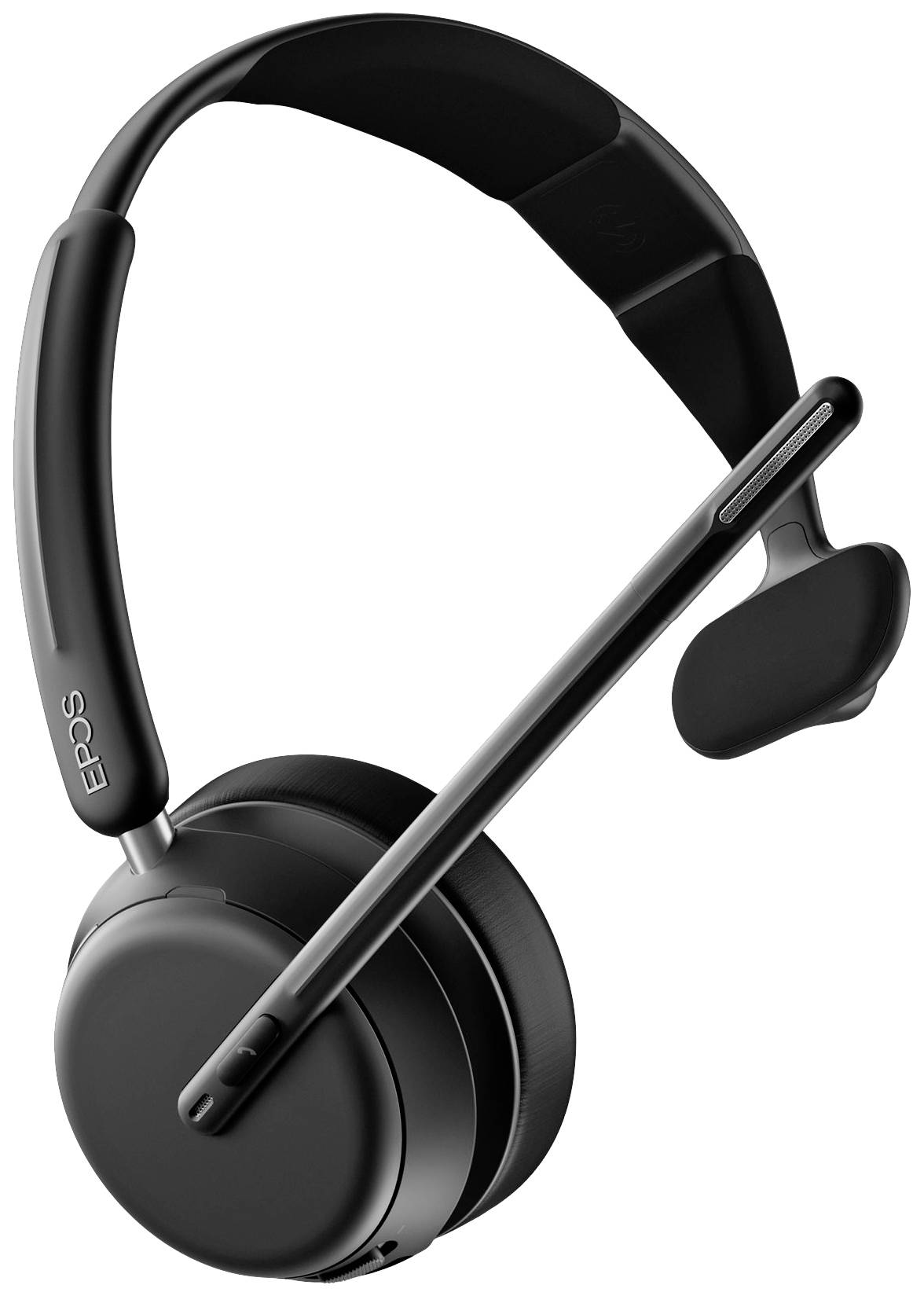 Écouteurs noirs sans fil avec perche microphone, adaptés aux appels téléphoniques ou aux visioconférences, bien rembourrés pour un confort optimal.