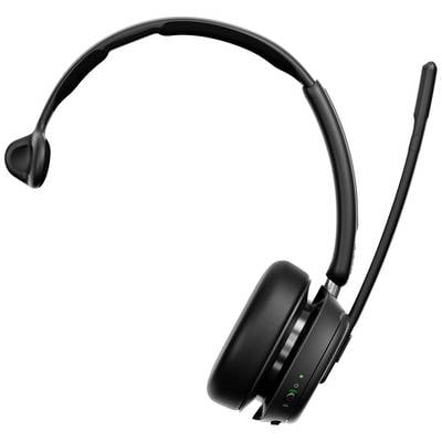 Casque sans fil noir avec perche micro, vue latérale. Adapté pour un usage de bureau ou domestique, design ergonomique.