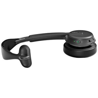Casque audio noir sans fil avec microphone, arceau ajustable et flexible. Idéal pour les appels mains libres ou la musique.