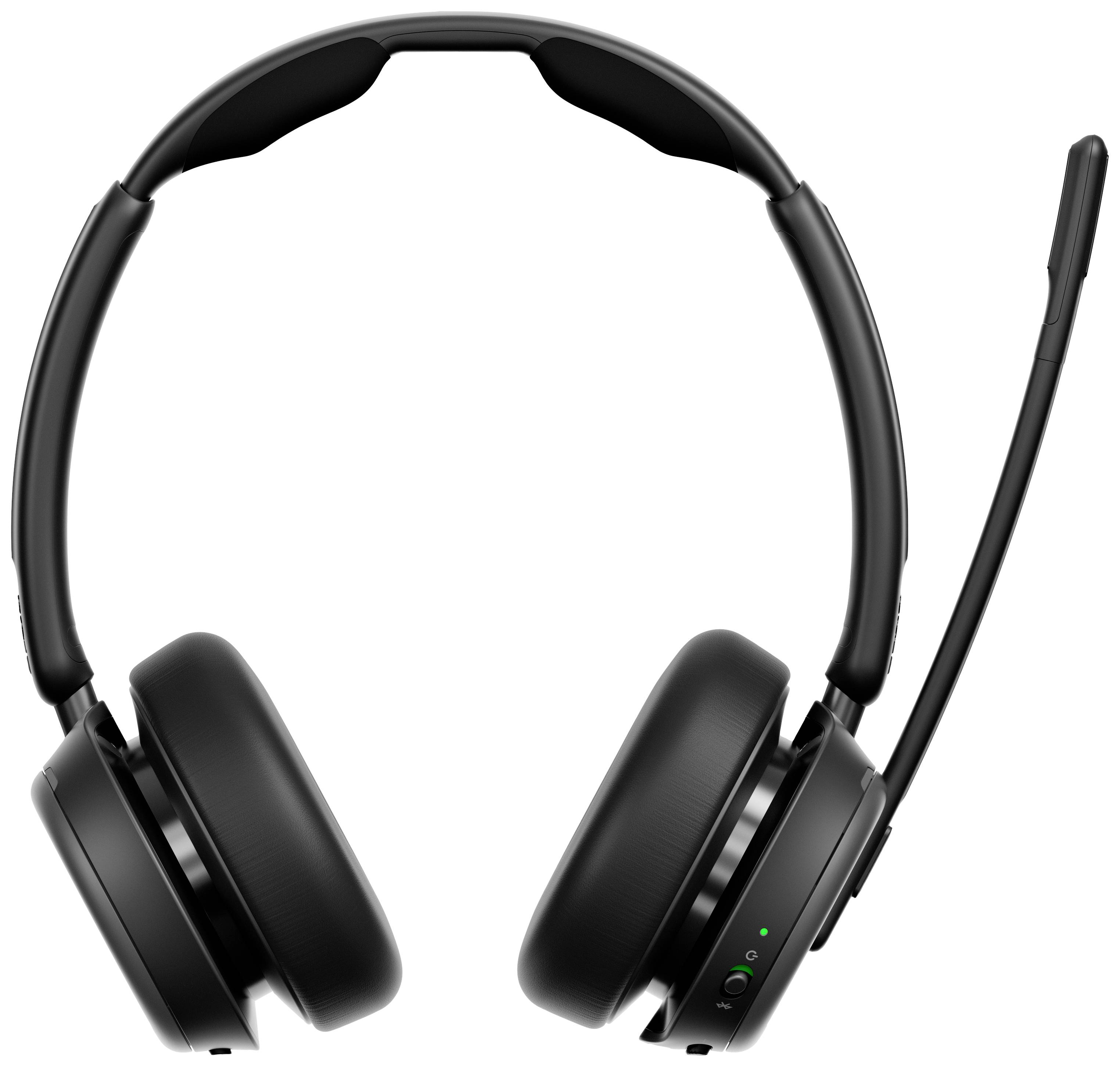 Un casque noir sans fil avec microphone, adapté pour les communications téléphoniques ou les applications informatiques.