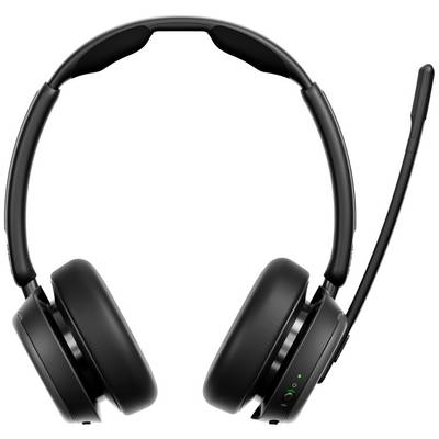 Un casque noir sans fil avec microphone, adapté pour les communications téléphoniques ou les applications informatiques.