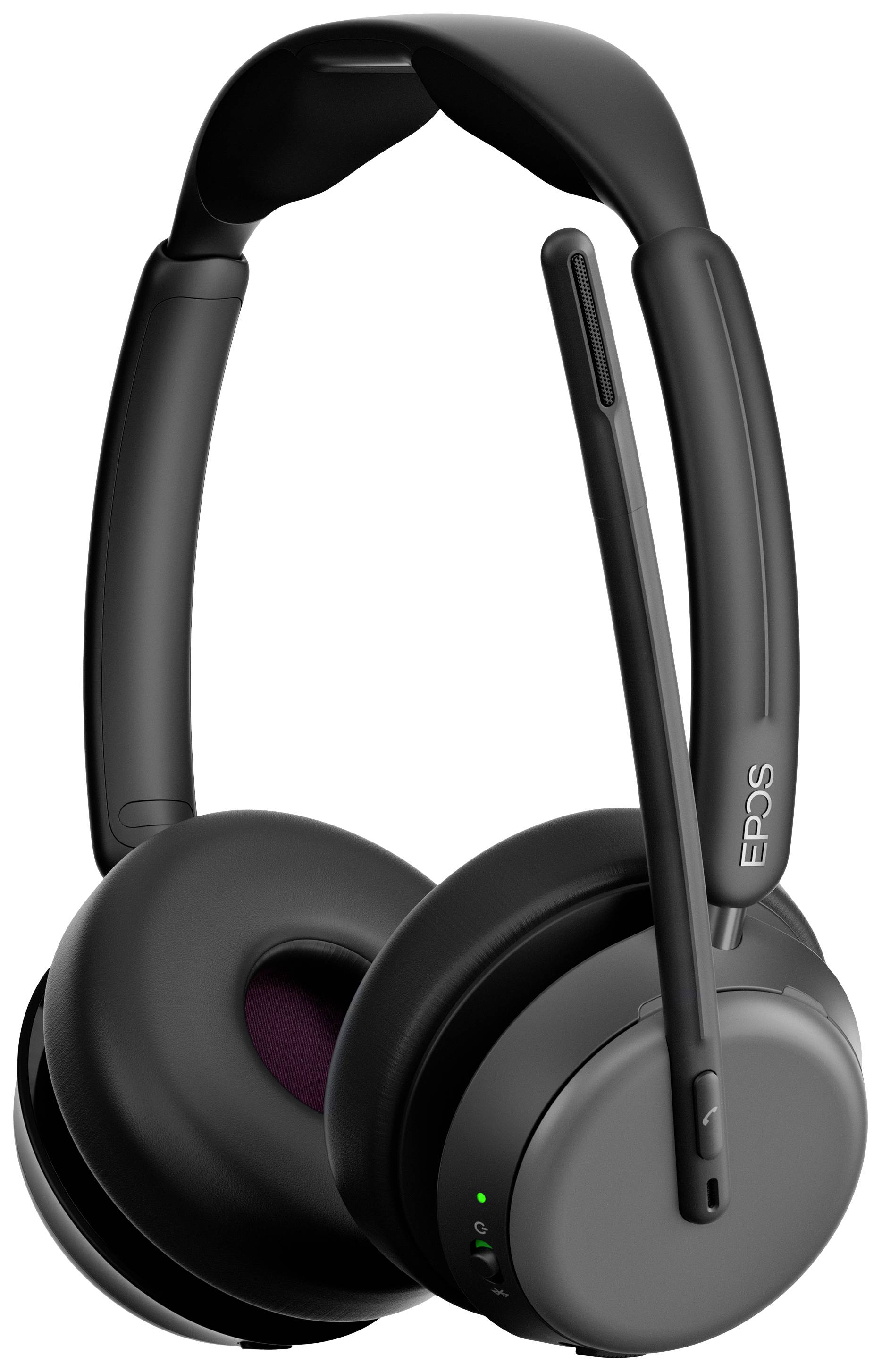 Un casque moderne noir avec microphone, posé verticalement. Adapté aux appels et à la musique. Design confortable et fonctionnel.
