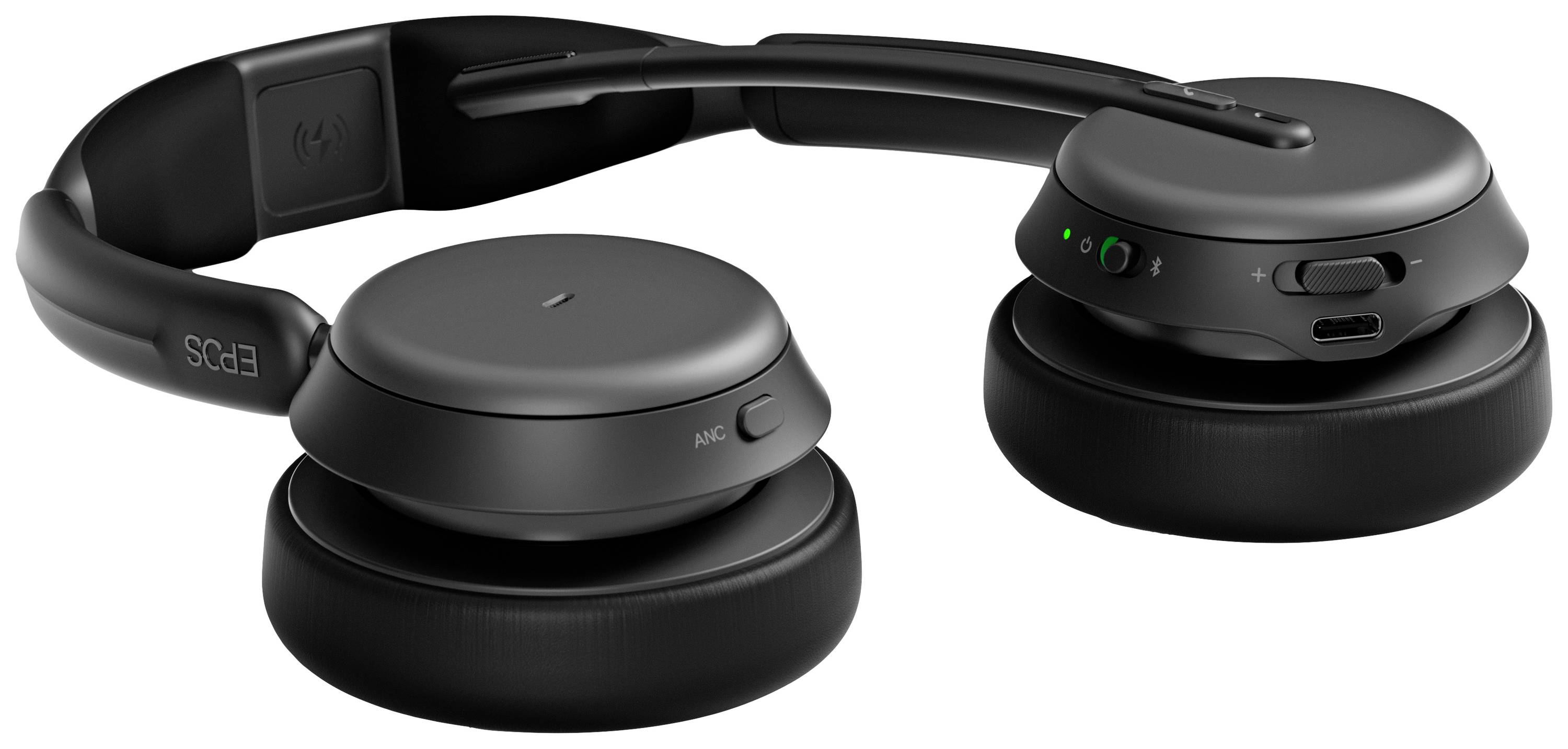 Casque audio noir sans fil avec arceau ajustable, coussinets d'oreille rembourrés et commandes sur le côté. Parfait pour la musique.