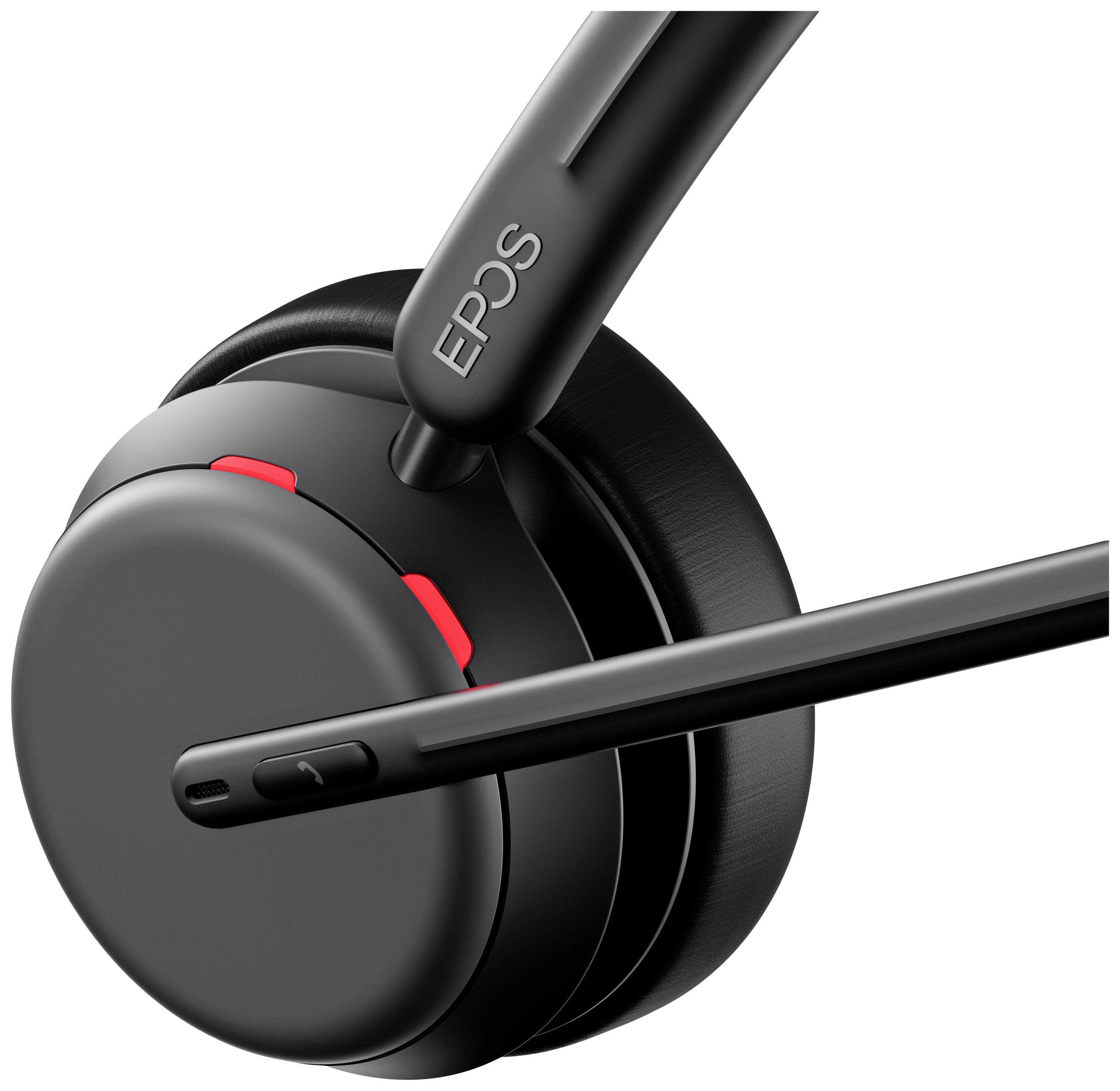 Casque noir avec perche microphone et accents rouges. Marquage « EPOS » sur l'écouteur. Design moderne pour la communication.