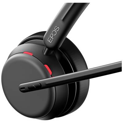Casque noir avec perche microphone et accents rouges. Marquage « EPOS » sur l'écouteur. Design moderne pour la communication.