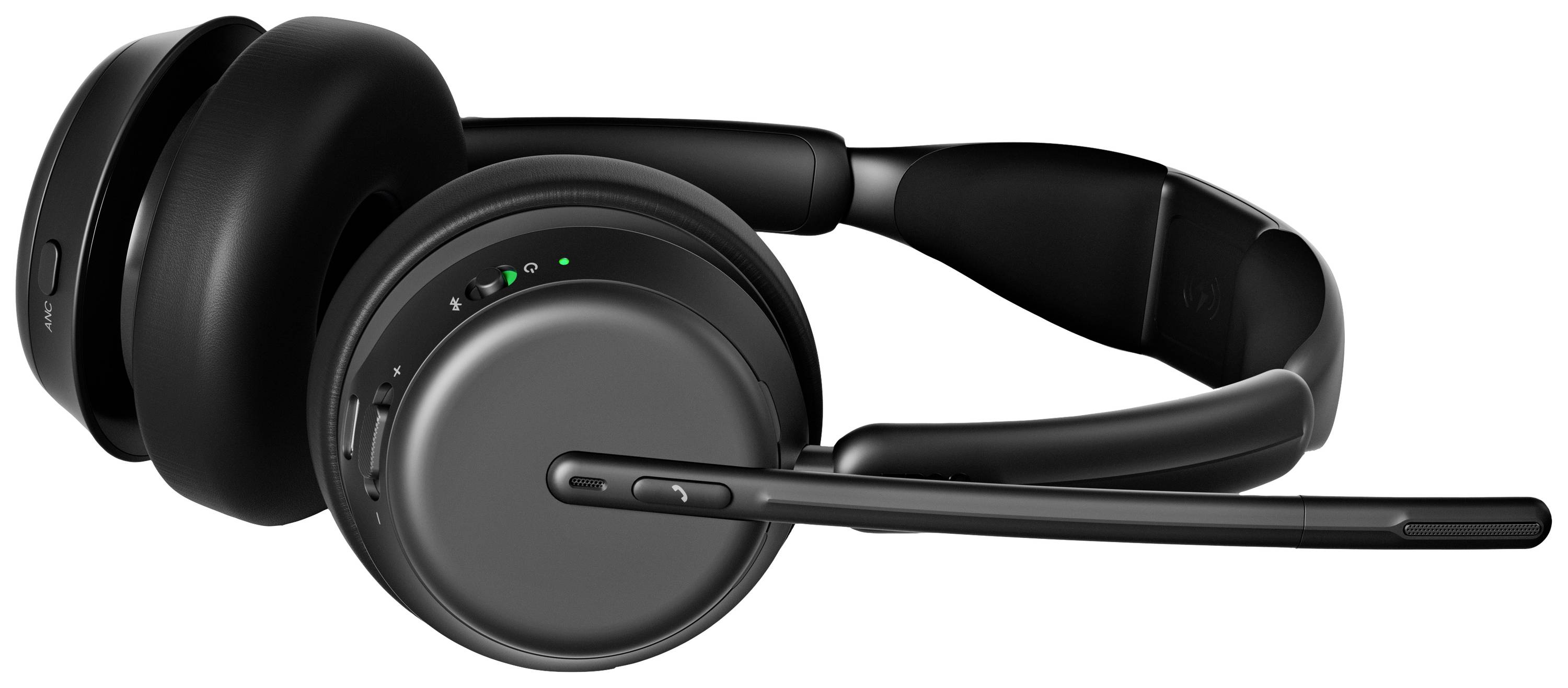 Écouteurs noirs sans fil avec perche microphone, adaptés aux téléconférences et à la musique. Ils présentent des LED d'état sur le côté.