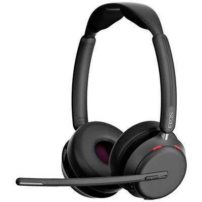 Casque sans fil noir avec microphone et accents rouges. Idéal pour les appels ou la musique. Logo de la marque visible sur le côté.