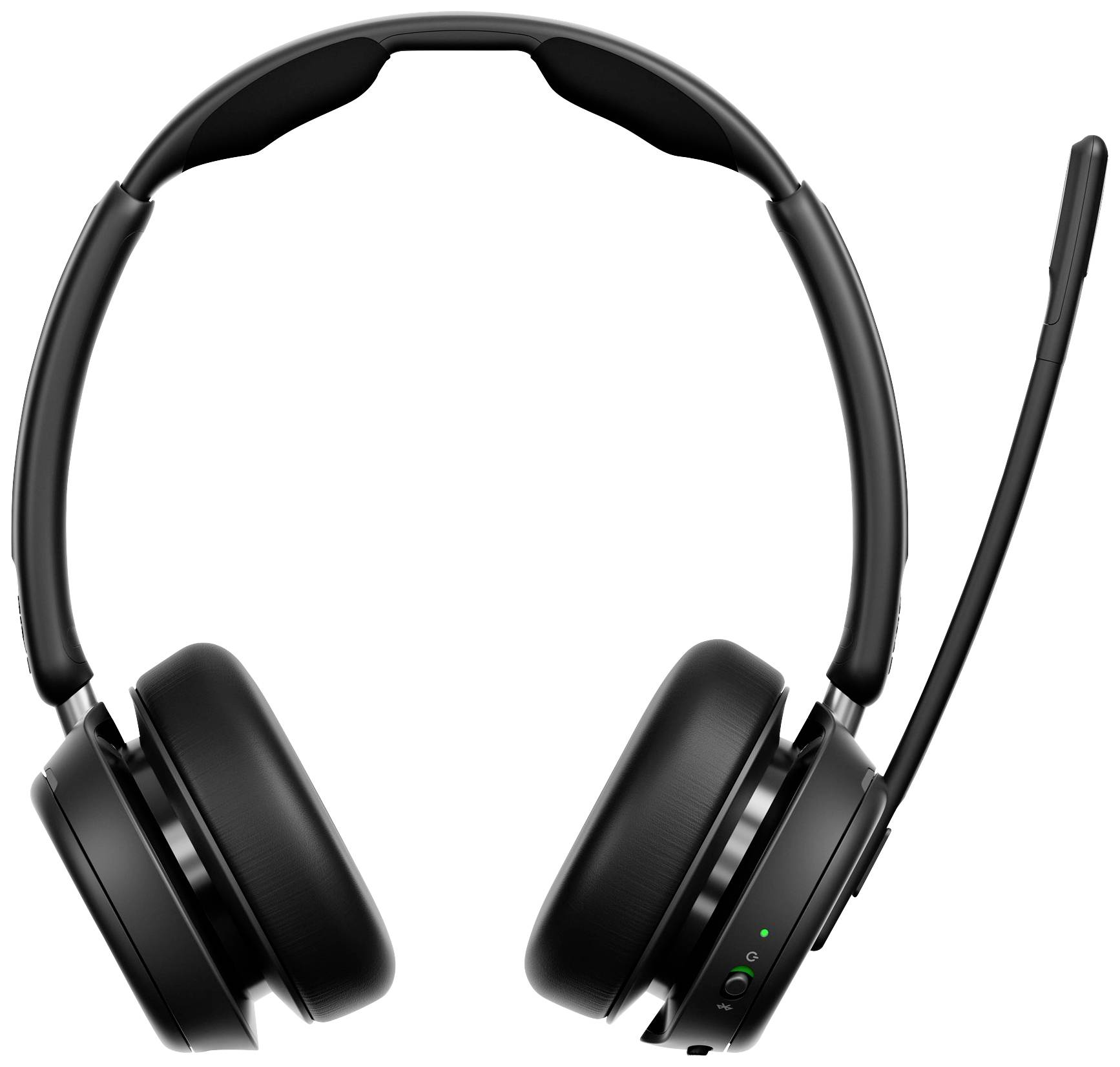 Un casque noir sans fil avec un bras micro, adapté aux appels professionnels et à une utilisation de bureau.