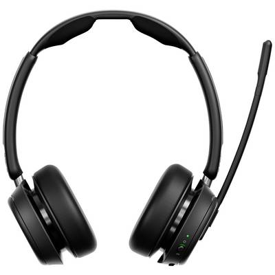 Un casque noir sans fil avec un bras micro, adapté aux appels professionnels et à une utilisation de bureau.