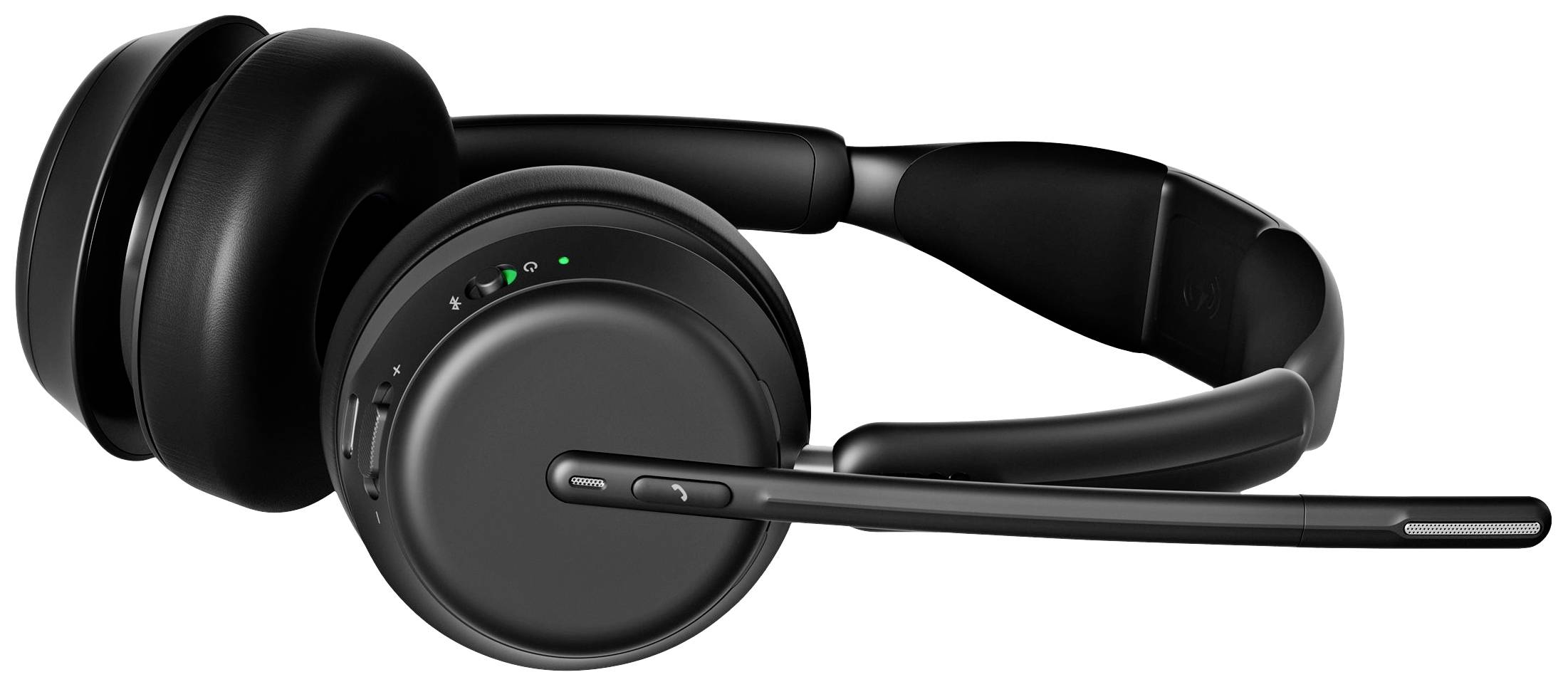 Écouteurs noirs sans fil avec microphone intégré, pliables et dotés de commandes sur l'écouteur droit.