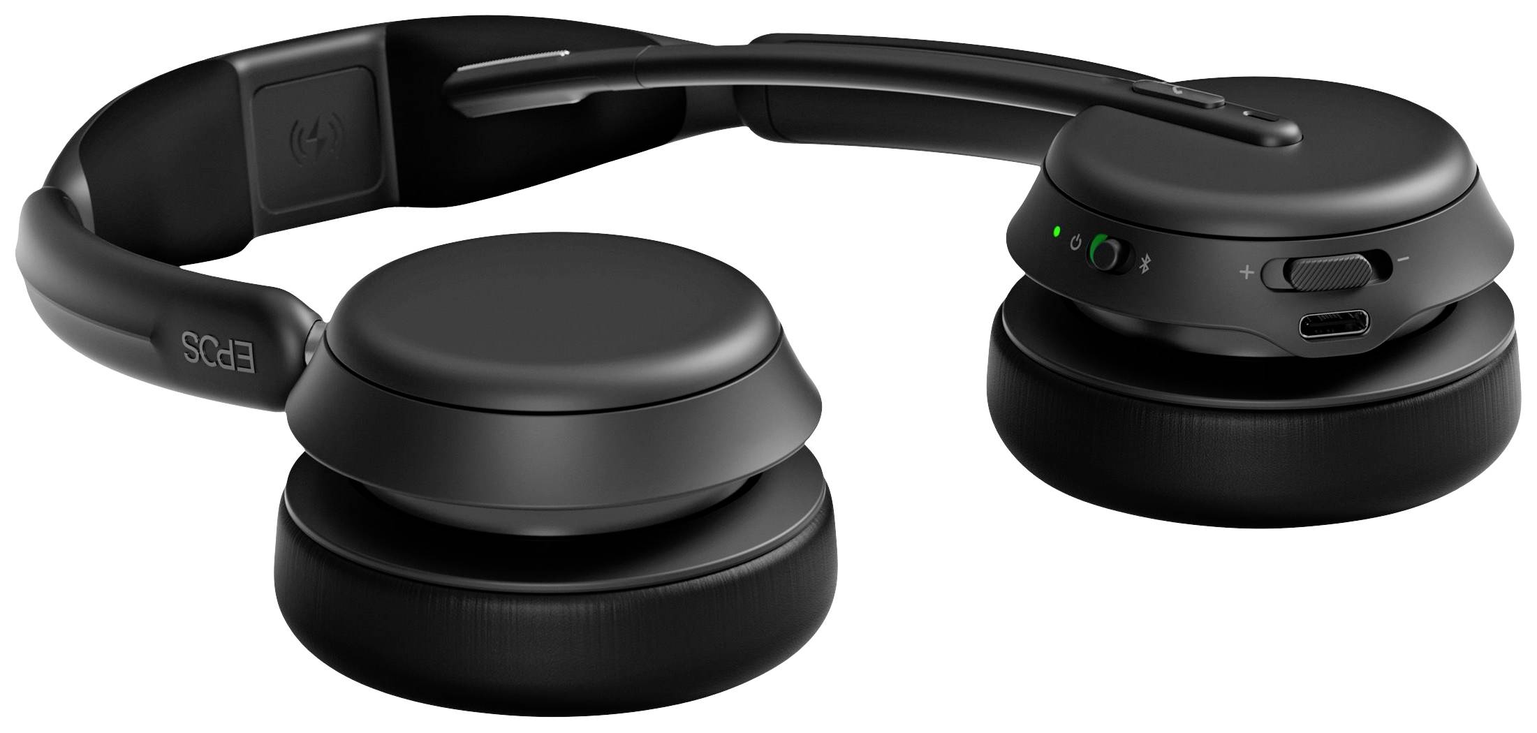 Casque sans fil noir avec coussinets auriculaires rembourrés et arceau réglable, présenté sur fond blanc.