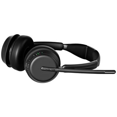 Casque noir à écouteurs circumauriculaires avec microphone, vu de profil. Les écouteurs sont dotés de coussinets et des touches de commande sont visibles sur l'arceau.