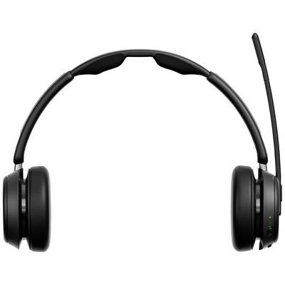 Casque sans fil noir avec microphone, vue de face ; adapté pour les conférences téléphoniques ou l'écoute de musique.