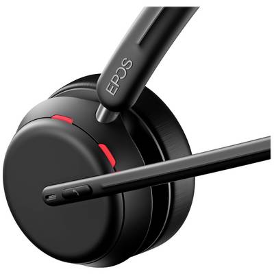 Casque audio avec microphone, design noir, accent rouge, nom de marque 'EPOS' visible. Adapté aux environnements de bureau ou de jeu.