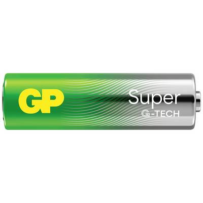 Pile AA GP Super G-TECH verte avec logo jaune 'GP' et texte blanc 'Super G-TECH', montrant le type de pile et la marque.