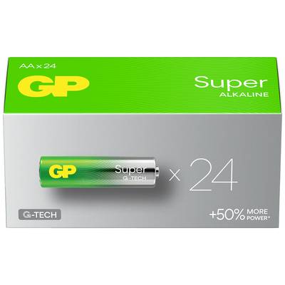 Emballage contenant 24 piles AA Super Alkaline GP ; design vert et argent, indication « +50% MORE POWER » et une pile AA représentée.