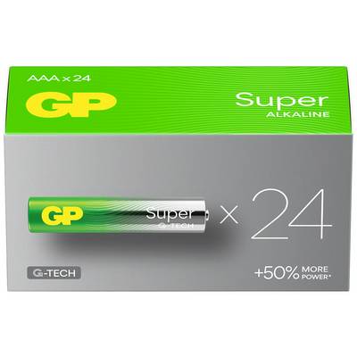Emballage d'une pile avec l'inscription 'GP Super Alkaline AAA x 24'. Contient 24 piles, mettant l'accent sur des performances de longue durée.