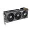Une carte graphique ASUS TUF Gaming noire à trois ventilateurs, montrant le devant avec les connecteurs sur le côté gauche.