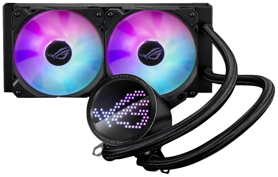 Deux ventilateurs d'ordinateur éclairés, reliés par un tuyau flexible, sont connectés à un dissipateur thermique rond affichant le logo ROG.