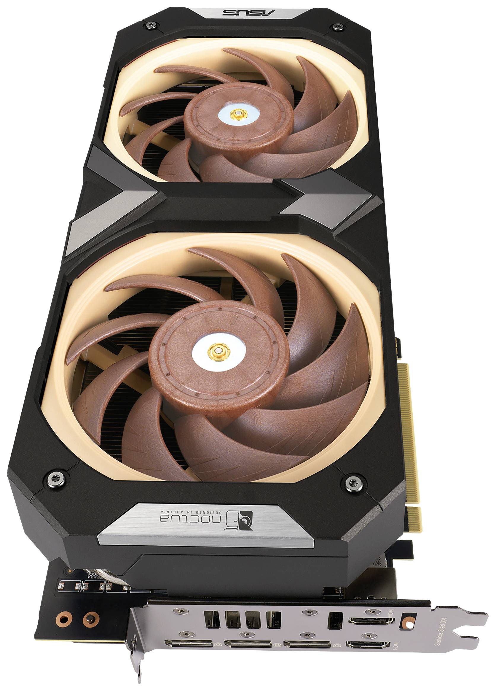 Une carte graphique avec deux grands ventilateurs et plusieurs options de connexion, dont HDMI, DisplayPort et des ports USB.