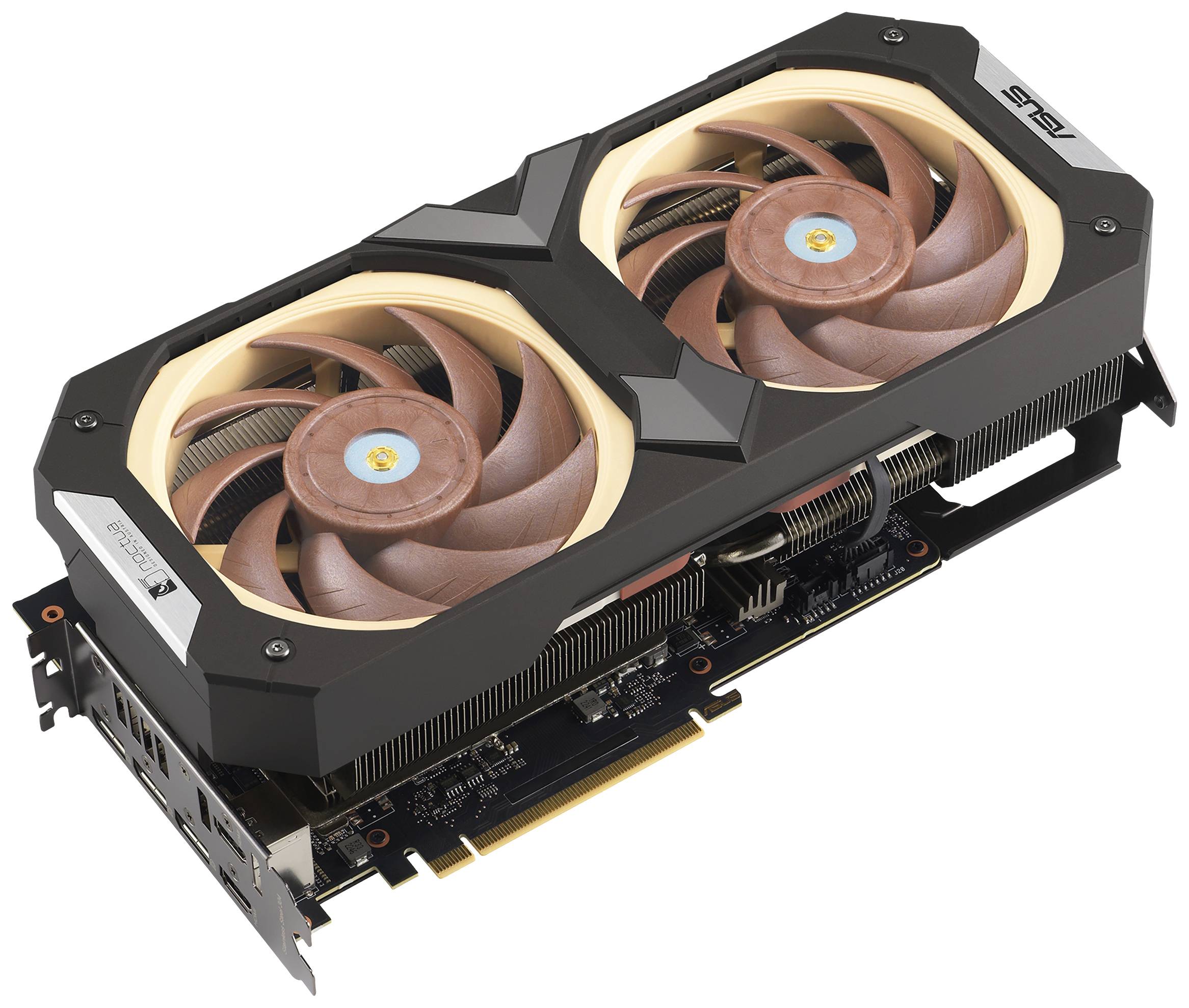 Une carte graphique avec deux grands ventilateurs et un boîtier noir robuste. Elle est destinée au calcul et à l'affichage de données graphiques.
