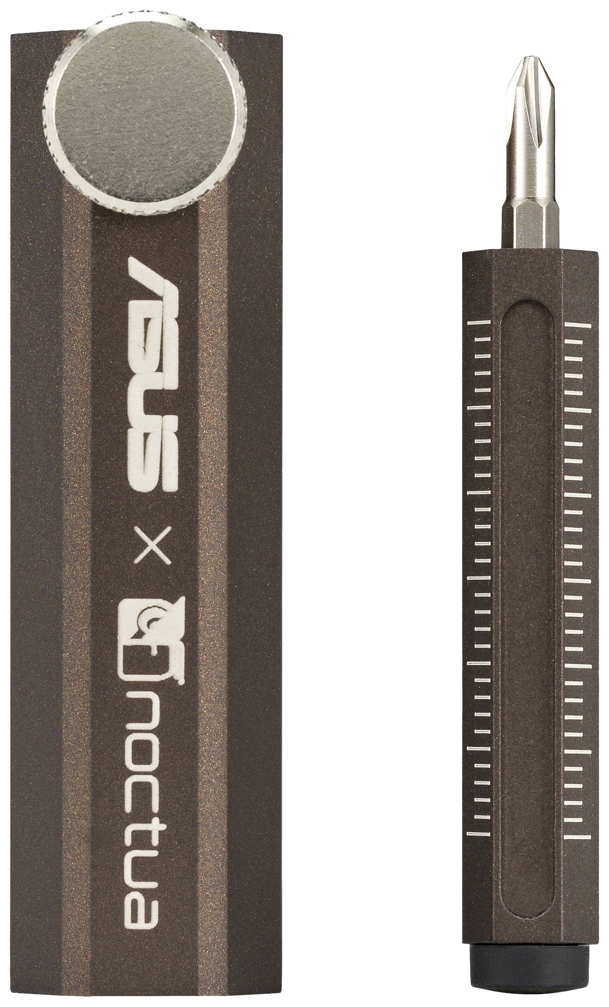 Un ensemble de tournevis portant l'inscription 'ASUS x Noctua'. À gauche, le support magnétique, à droite le tournevis amovible.