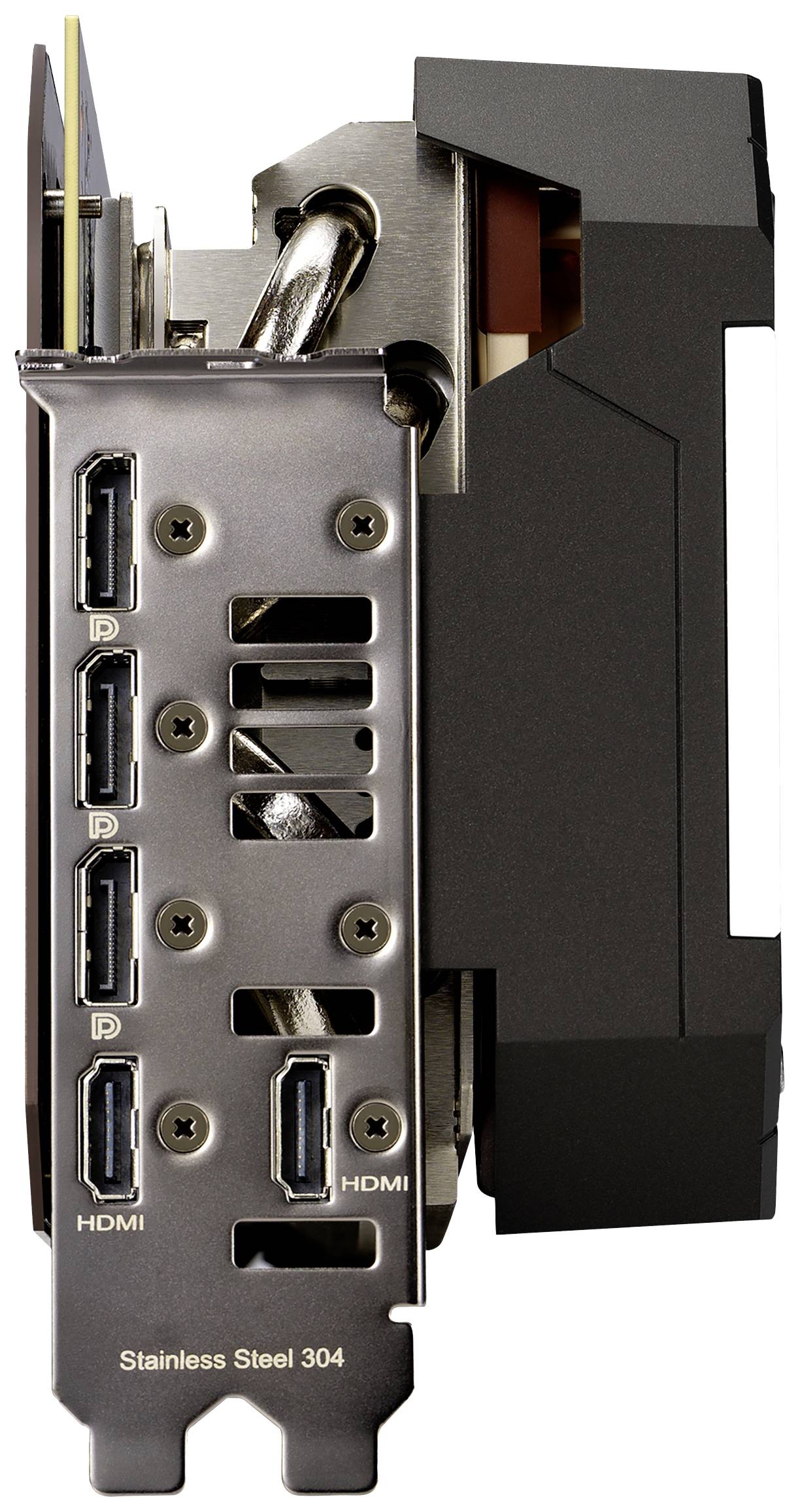 Le dos d'une carte graphique avec plusieurs ports HDMI et DisplayPort. Inscription en bas : « Acier inoxydable 304 ».