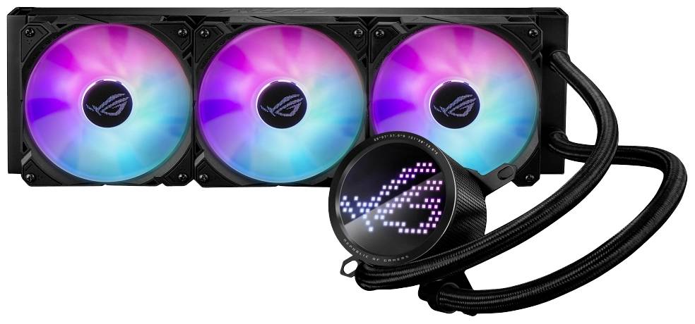 Unité de refroidissement à eau à triple ventilateur avec LED RGB lumineuses sur les ventilateurs et un éclairage ROG sur le boîtier de la pompe.
