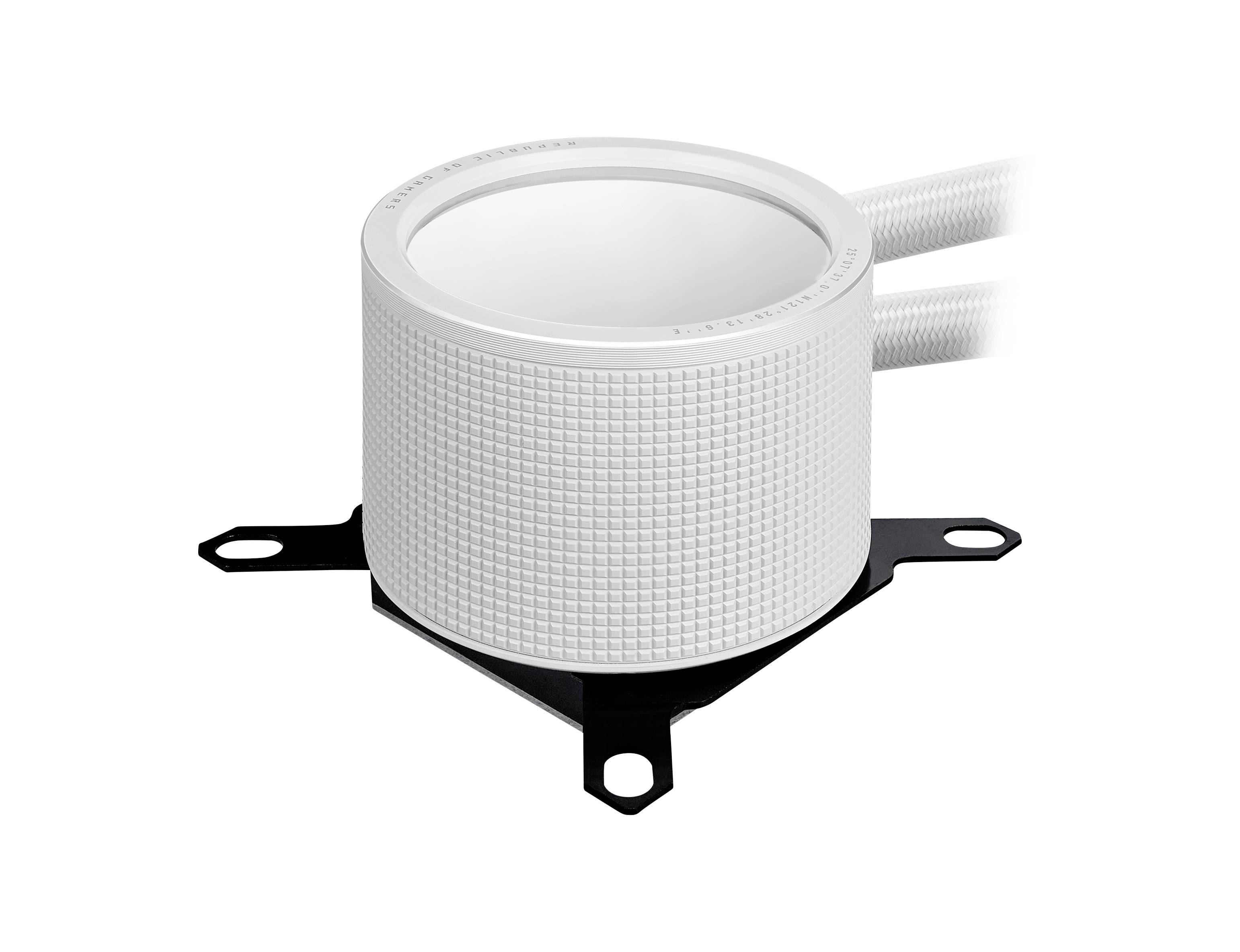 Haut-parleur blanc cylindrique avec un motif structuré, monté sur un support métallique noir. Deux câbles sont connectés.