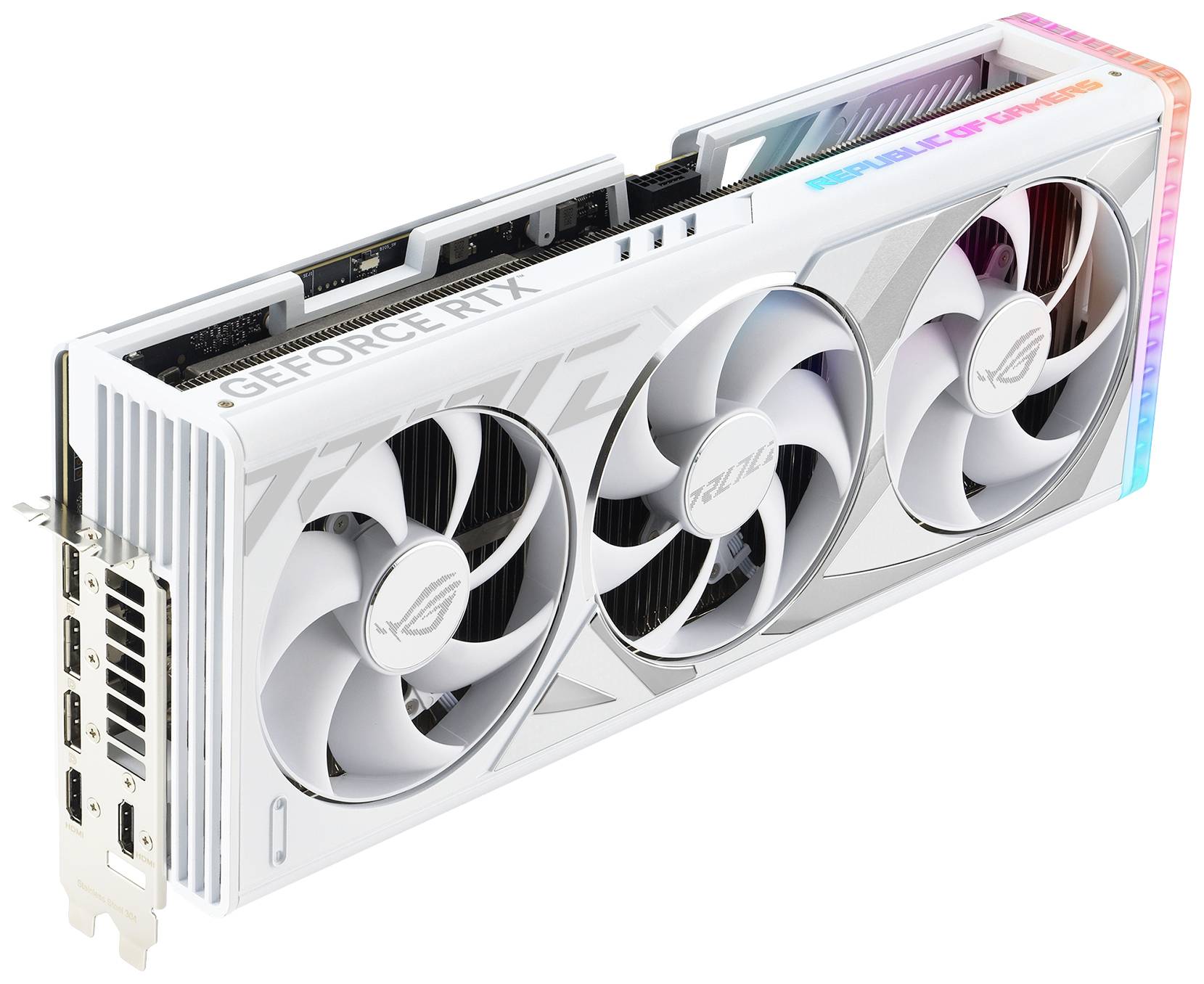Carte graphique blanche avec trois ventilateurs, portant l'inscription 'GEFORCE RTX' et une bande RGB. Plusieurs connexions visibles sur le côté.