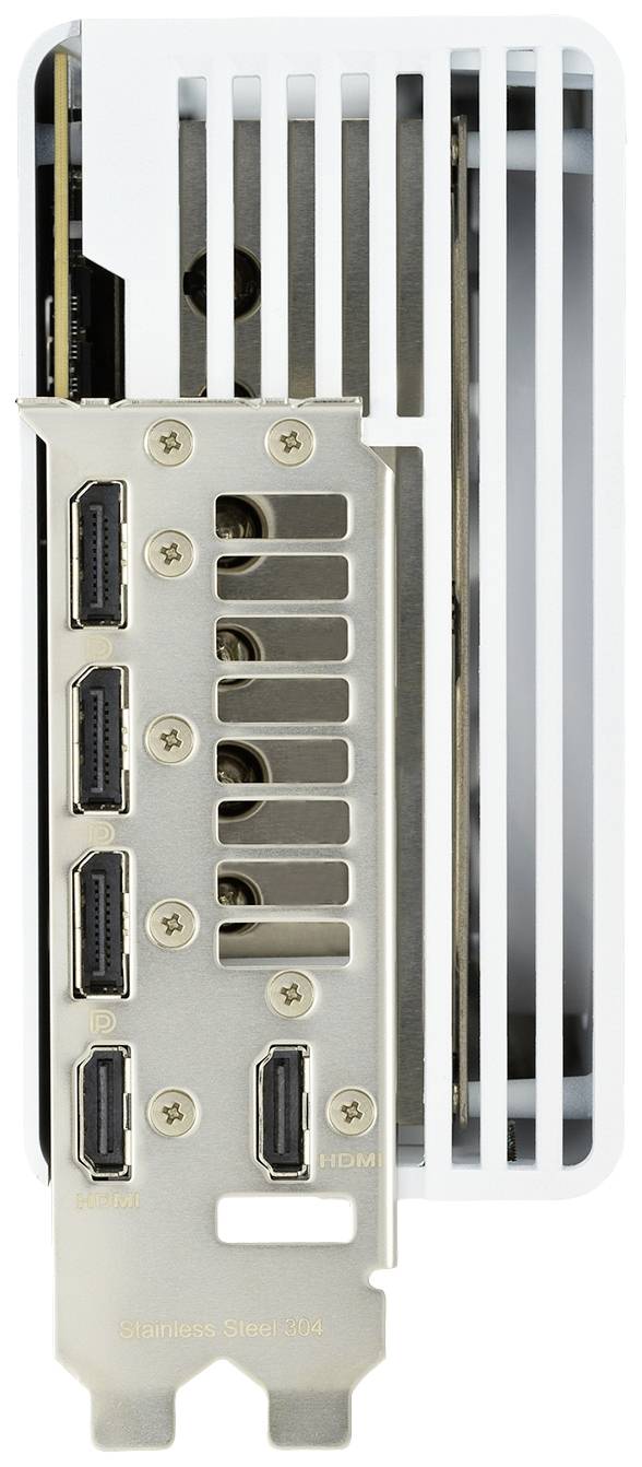 Carte graphique avec sept ports HDMI, dans un boîtier de ventilateur blanc. Vue arrière montrant les possibilités de connexion et les fentes de ventilation.