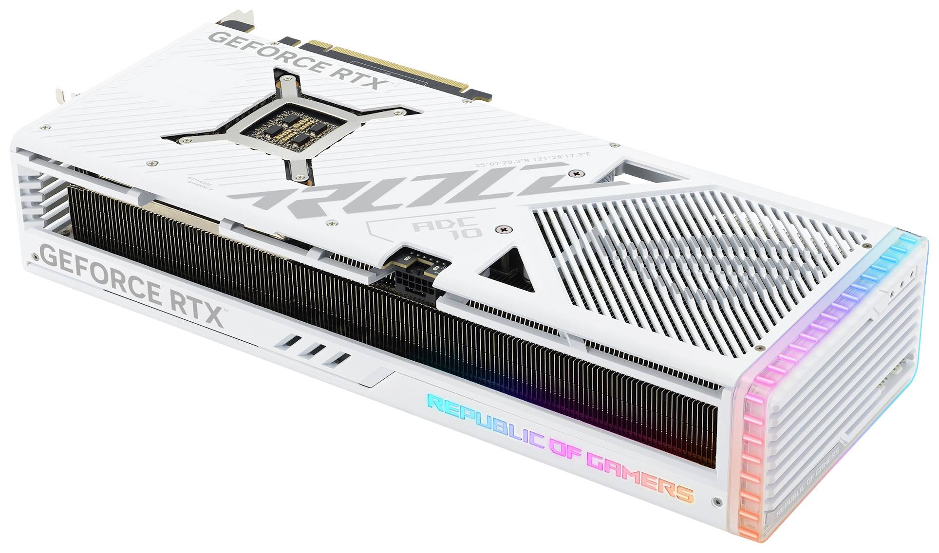 Carte graphique avec boîtier blanc, marquée 'Geforce RTX' et 'Republic of Gamers', avec une bande LED sur le côté qui s'illumine de différentes couleurs.
