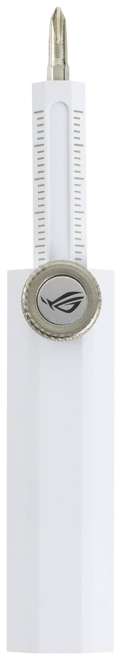 Boussole blanche avec logo argenté, présentant des graduations précises le long de son bras.