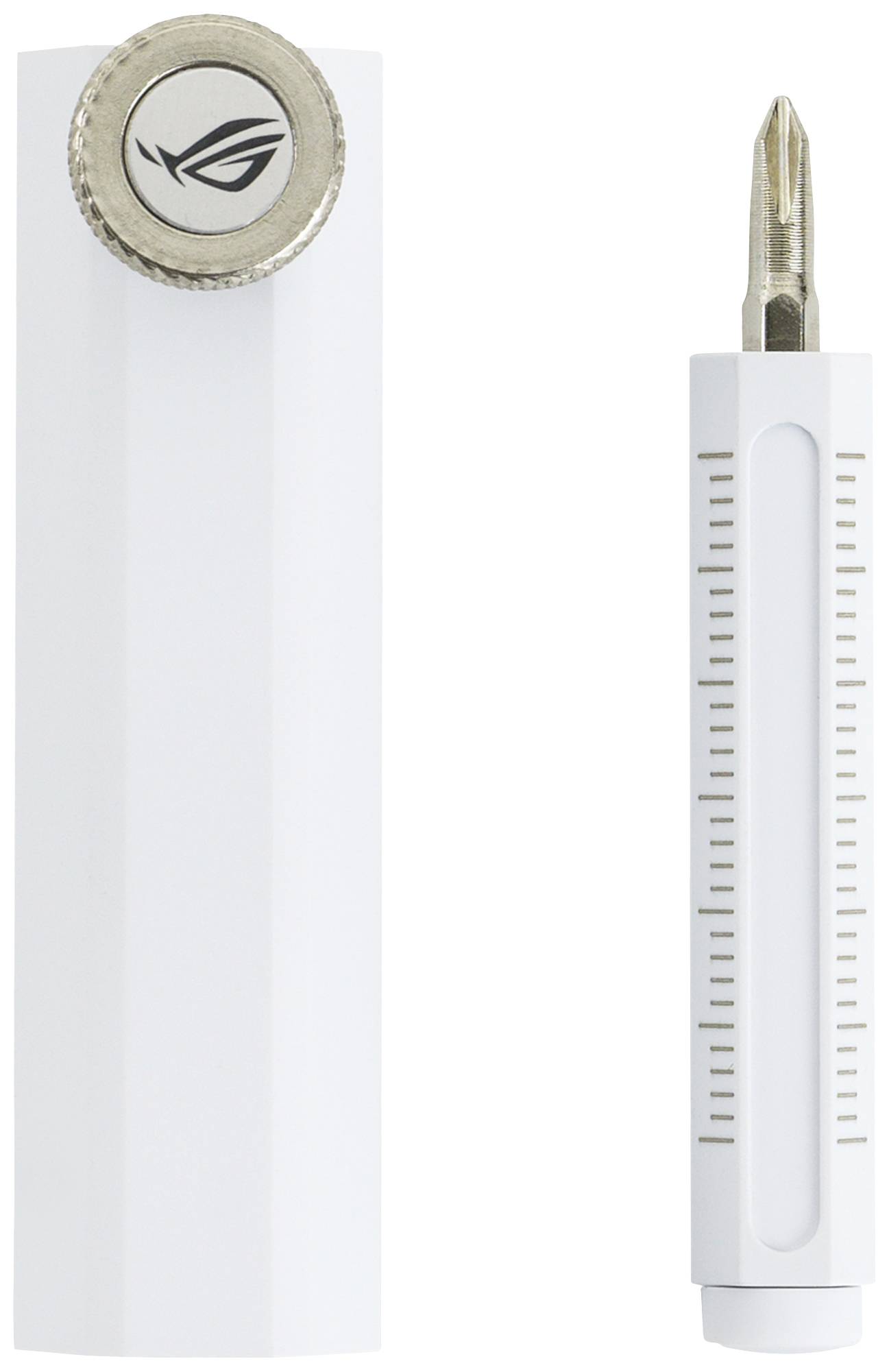 Outil multifonctionnel blanc avec tournevis et capuchon, marqué d'un logo.