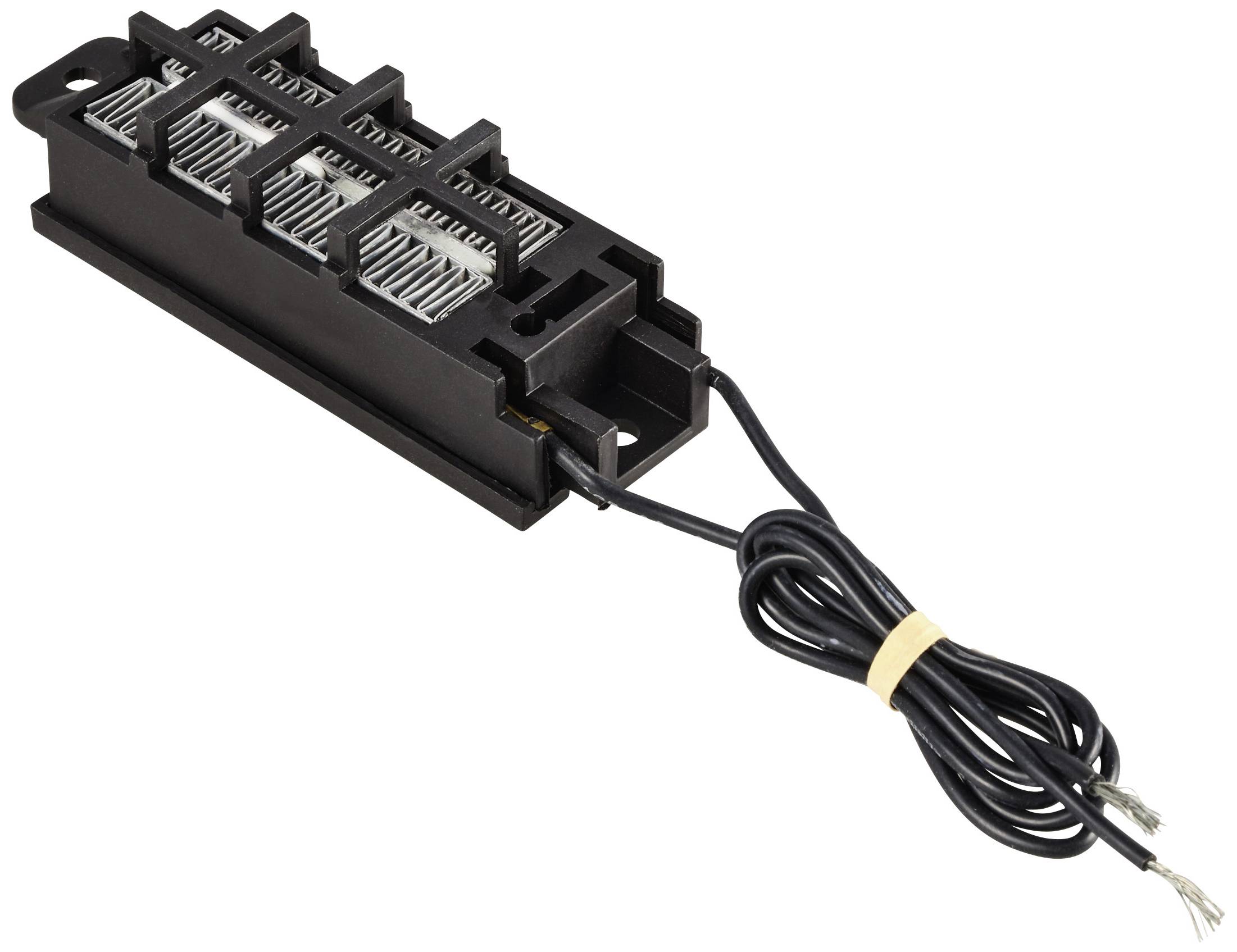Composant électronique noir avec connexions de câbles, probablement partie intégrante d'un circuit électrique ou d'un matériel technique.